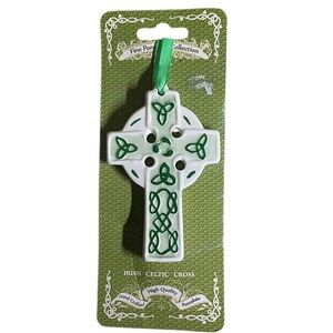 Celtic Cross white and green ceramic ornament. NEW
